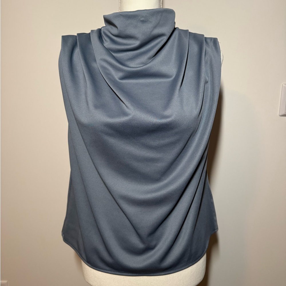 Missguided + Charcoal Blue Sleeveless Drape Blouse